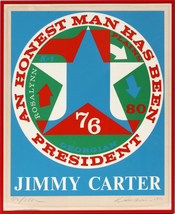 ROBERT INDIANA COLOR SILKSCREEN: ROBERT INDIANA (AMERICAN B. 1928), COLOR SILKSCREEN, 1980, H 21", W 18" IMAGE, "JIMMY CARTER":"An Honest Man Has Been President"; pencil signed, dated and marked #92/150; framed. As is. Purchased at D