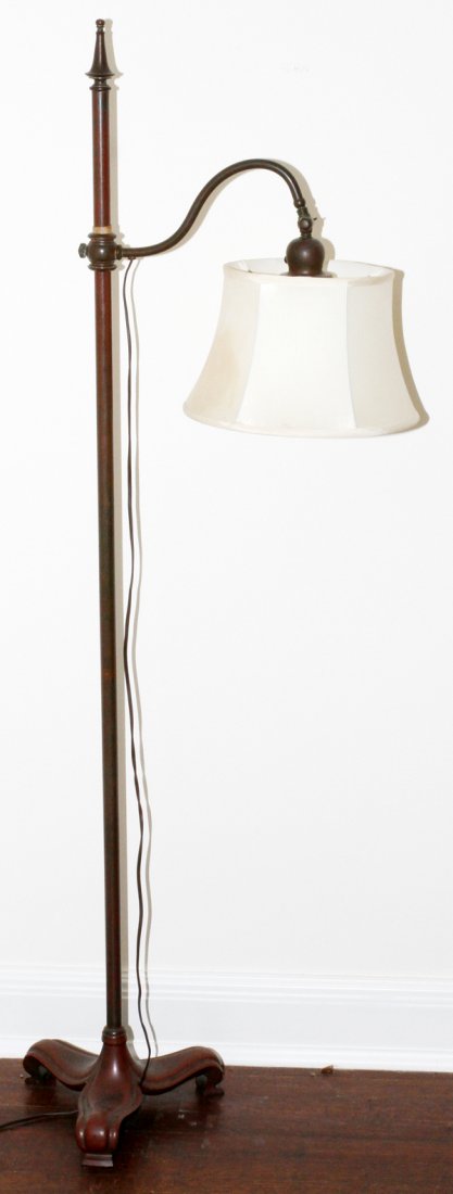 HANDEL BRONZE FLOOR LAMP BASE: HANDEL BRONZE FLOOR LAMP BASE,:Three scroll feet, stamped "Handel" underneath (see additional photo). For a high resolution photo CLICK HERE