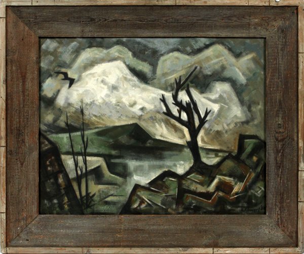 HENRY JOHN KOWERT OIL ON CANVAS 1950: HENRY JOHN KOWERT [1924-1977], OIL ON CANVAS, 1950, H 21 1/4" W 27", MOUNTAIN LANDSCAPE:Signed and dated '50 at the lower right, depicting a mountain landscape scene, with a single tree in the foregro