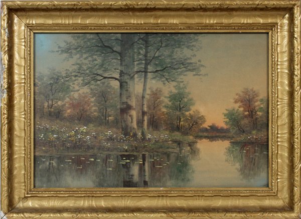 A. ABRAMS WATERCOLOR: A. ABRAMS WATERCOLOR, H 13", L 19.5", EARLY FALL LANDSCAPE:An early Fall landscape featuring a stream with birch trees and flowers. Signed lower left. In a gilt wood frame under glass. For a high reso
