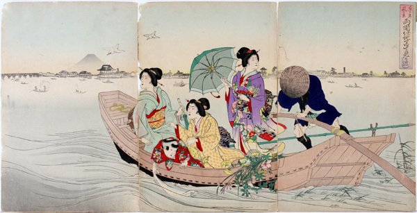 JAPANESE UKIYO-E COLOR WOODBLOCK: JAPANESE UKIYO-E COLOR WOODBLOCK TRIPTYCH, LADIES IN BOAT, 14" X 27": For a high resolution photo CLICK HERE