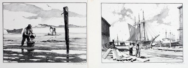GORDON GRANT LITHOGRAPHS TWO: GORDON GRANT, LITHOGRAPHS TWO H 9" W 11 3/4" CLAMMERS +:Published by Associated American Artists. Both pencil signed. Not framed. "Clammers" and dock scene with two workers, sailing ship in distance.