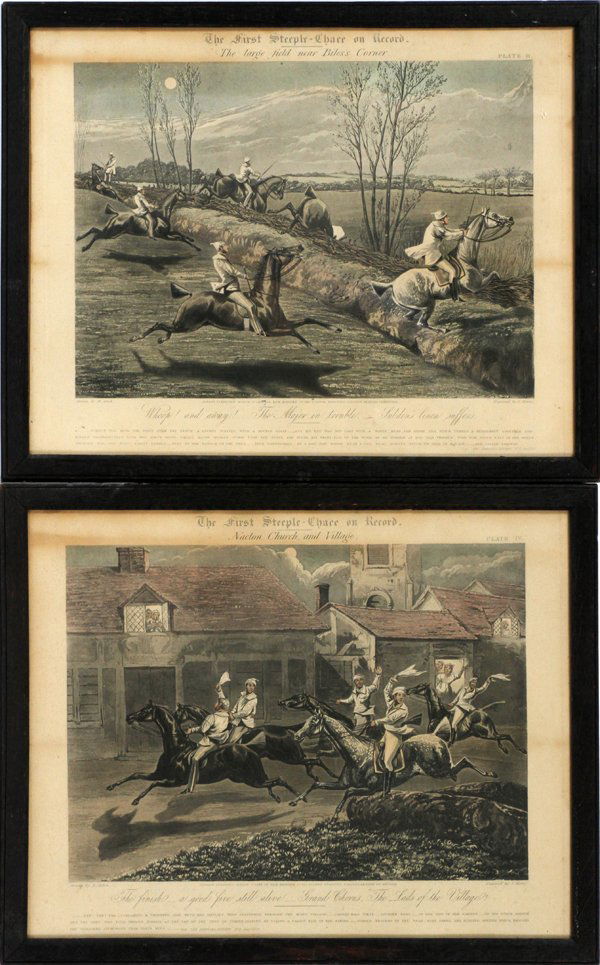 H. ALKEN HAND COLORED PRINTS LONDON 1839: H. ALKEN, HAND COLORED PRINTS, LONDON 1839, "FIRST STEEPLE CHASE ON RECORD":Steeple chase scenes, plates 2 and 4, 11" x 14"engraved by J. Harris, 1839. For a high resolution photo