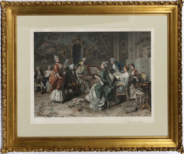 AFTER ARTURO RICCI COLOR LITHOGRAPH: AFTER ARTURO RICCI COLOR LITHOGRAPH, H 21" W 29", "MUSIC AND MIRTH":Depicting interior scene with figures, entitled, "Music and Mirth". Signs of hand colored embellishments to the women and gentlemen'