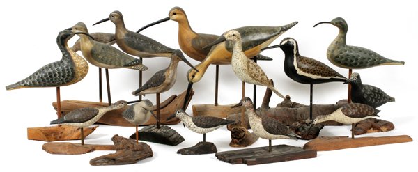 COLLECTION OF PAINTED WOOD SHORE BIRDS THIRTEEN-13: COLLECTION OF PAINTED WOOD SHORE BIRDS, THIRTEEN, H 5"-13":Including five by Richard C. Watson of Fair Haven, MI, circa 1979, one by Joe Anderlek, and more. Measuring H. 5" to 13".