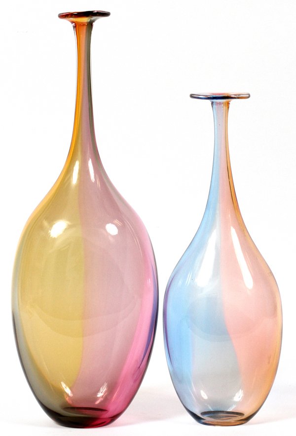 KJELL ENGMAN, KOSTA BODA GLASS VASES TWO: KJELL ENGMAN (1946-) FOR KOSTA BODA, PASTEL GLASS VASES, TWO, H 11.5" & 14":Signed and numbered 48838 and 48839, respectively. Kjell Engman, Swedish, born 1946.