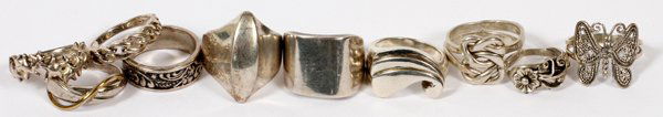 LADY'S STERLING RINGS 10 PCS: LADY'S STERLING RINGS, 10 PCS, SIZE 3.5-8.25:Including one sterling ring by Robert Lee Morris, marked, "RLM" at the interior side; together with Mexican silver infinity style rings, one butterfly form