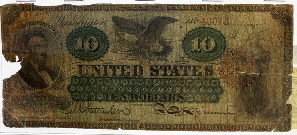 U.S. 1862 RARE $10.DOLLAR NOTE 48013 PAPER CURRENCY: U.S. 1862. RARE $10.DOLLAR NOTE. 48013 PAPER CURRENCY.:Signed, Red Seal, Lincoln Portrait, Numbered Note # 48013 ' Few Known Rare'