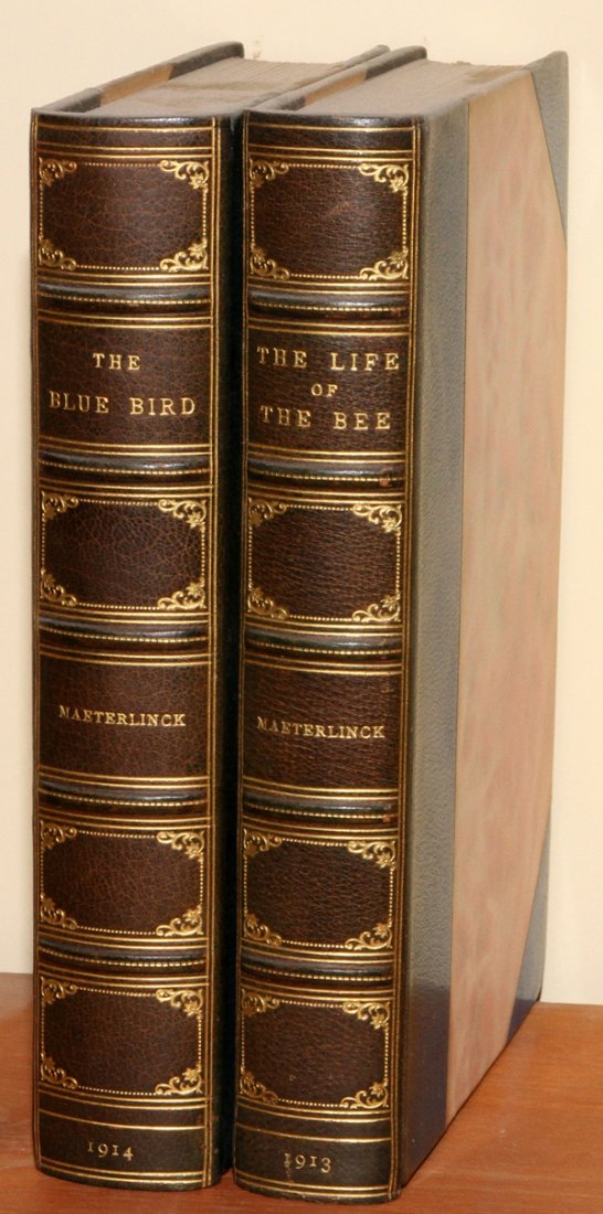MAETERLINCK LEATHER BOUND BOOKS TWO: MAETERLINCK, LEATHER BOUND BOOKS, TWO:Three-quarter leather, entitled "The Blue Bird" and "The Life of the Bee" by Maeterlinck. Dodd, Mead and Company, 1914.