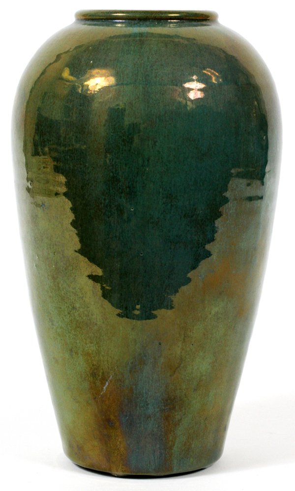 PEWABIC POTTERY VASE EARLY 20TH C.: PEWABIC POTTERY VASE, EARLY 20TH C., H 10":A round vase with tapering sides, green glaze overall with an iridescent sheen, impressed circular mark underneath (see additional photo). Measuring H.10", D