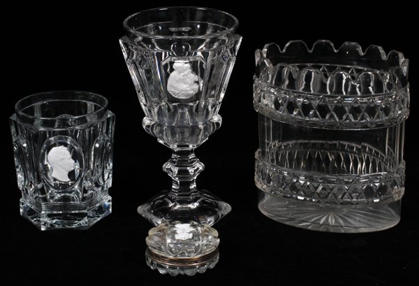 FRENCH GLASS W/ SULPHIDE GOBLET BEAKER & PATCH BOX: FRENCH GLASS WITH SULPHIDE GOBLET, BEAKER & PATCH BOX, 19TH C., & A GLASS VASE, H 5":Colorless glass ware includes 1 hexagonal paneled goblet with mother and child sulphide, H.6 1/2"; 1 hexagonal pane
