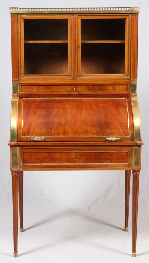 FRENCH MAHOGANY & BRASS LADY'S WRITING DESK C. 1900: FRENCH MAHOGANY & BRASS LADY'S WRITING DESK, C. 1900, H 60", W 30", D 20":Having a roll top front opening to a fitted interior with a pull out writing shelf, all below a pair of glass paneled doors. R