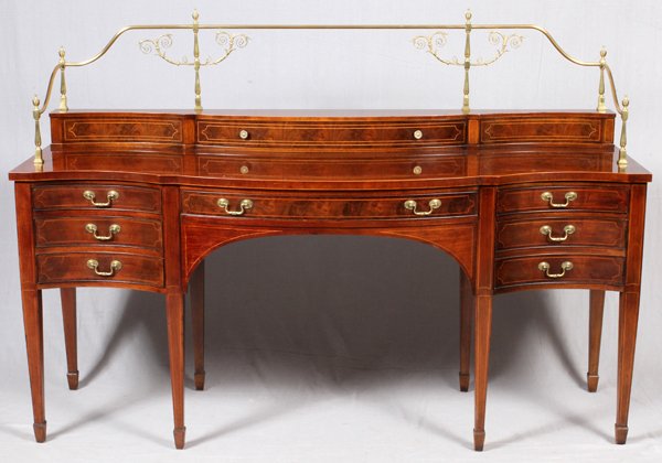 BAKER FURNITURE CO HEPPLEWHITE STYLE MAHOGANY SIDEBOARD: BAKER FURNITURE CO. HEPPLEWHITE STYLE MAHOGANY SIDEBOARD, 20TH C., H 41", W 82", D 22"": Raised on square tapering legs with spade feet, surmounted by a brass rail back splash above a single upper dra