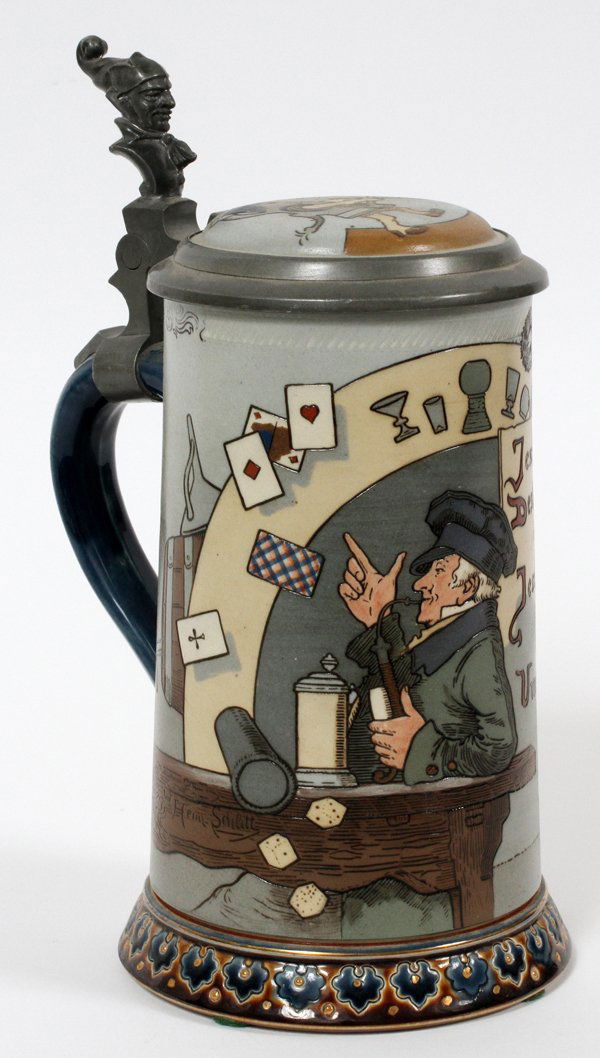 METTLACH STEIN BY HEINRICH SCHLITT VILLEROY & BOCH: METTLACH ETCHED STONEWARE STEIN BY HEINRICH SCHLITT, VILLEROY & BOCH, C. 1910, H 8", #2090:Woman and the tavern. Castle mark. By Heinrich Schlitt. Signed, Etched Mettlach Stein #2090: Humorous Tavern