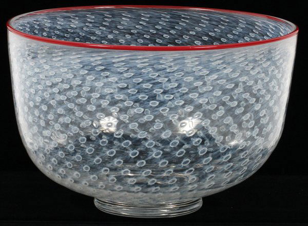 BERTIL VALLIEN FOR BODA GLASS BOWL: BERTIL VALLIEN FOR BODA GLASS BOWL, H 6", DIA 9 1/2":Round with short pedestal foot, red rim, suffused bubbles overall. Signed underneath.