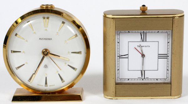 TIFFANY & CO. AND BUCHERER TRAVEL CLOCKS TWO: TIFFANY & CO. AND BUCHERER TRAVEL CLOCKS, TWO, H 2":Swiss made travel clocks, including 1 Tiffany & Co. and 1 Bucherer.