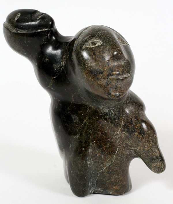 ROSALIE OOKANGOK KOPAKINUIT SERPENTINE WOMAN: ROSALIE OOKANGOK KOPAK (1935-), INUIT CARVED SERPENTINE WOMAN & CHILD, REPULSE BAY, NUNAVUT, H 4 1/2":Faintly signed underneath (see additional photo). Measures H.4 1/2" x 4 1/2". Provenance: Gallery 