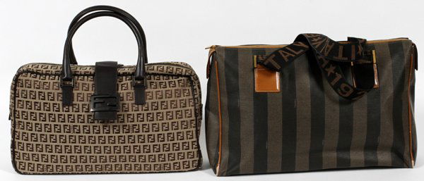 FENDI MONOGRAM & STRIPED CANVAS BAGS TWO: FENDI MONOGRAM & STRIPED CANVAS BAGS, TWO, W 15" & 16", WITH ANOTHER FENDI BAG:Including 1 monogram canvas bag with dark brown leather trim, zipper closure, W.15" x 10" x 14" to the double handles; an