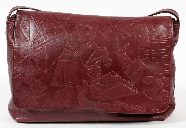 PRADA BURGUNDY LEATHER SHOULDER BAG: PRADA BURGUNDY LEATHER SHOULDER BAG, W 12":Embossed burgundy leather exterior, magnetic flap closure and zipper opening to coordinating fabric lining and a zippered pocket. Measuring W.12" x 8" (22" t