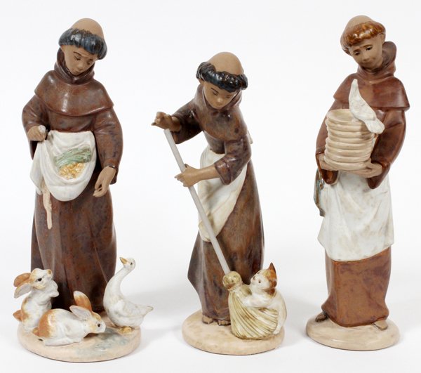 LLADRO GRES FIGURES OF FRIARS, THREE, H 8 3/4": LLADRO GRES FIGURES OF FRIARS, THREE, H 8 3/4":Including "Afternoon Chores", number 12203; "Helping Hand", number 12202; and "Farmyard Grace", number12204.
