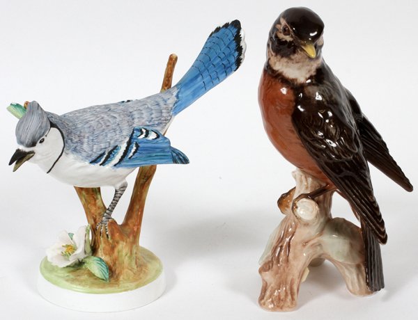 STAFFORDSHIRE AND GOEBEL BIRDS, C. 1960, TWO: STAFFORDSHIRE AND GOEBEL BIRDS, C. 1960, TWO, H 9 1/2":Staffordshire Blue Jay by Doris Lindner and Goebel robin. Both hand painted.