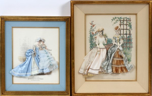 FRENCH FASHION LITHOGRAPHS, TWO: FRENCH FASHION LITHOGRAPHS, TWO, H 15" & 17":Modes de Paris. 15" x 12", 17" x 14". Satin and lace fabrics applied to images. Sizes do not include frames.