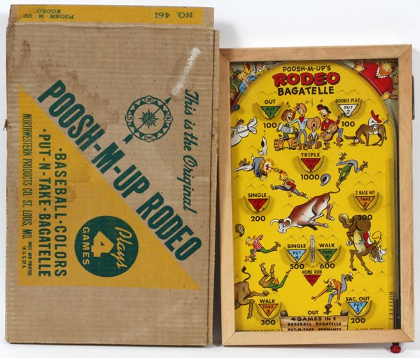 'POOSH-M-UP'S RODEO BAGATELLE': NORTHWESTERN PRODUCTS 'POOSH-M-UP'S RODEO BAGATELLE', L 17":A 4-in-1 bagatelle pinball game with original box. Measuring L.17 1/4" x 11" x 1". Circa 1940s, made in the U.S.A.