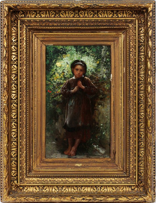 LEON JEAN BASILE PERRAULT OIL ON CANVAS, 1876: LEON JEAN BASILE PERRAULT, OIL ON CANVAS, 1876, H 15", W 9", BAREFOOT GIRL:Leon Jean Basile Perrault [French, 1832-1908]. 14.625" x 8.625". An oil on canvas mounted on masonite, depicting a young bare