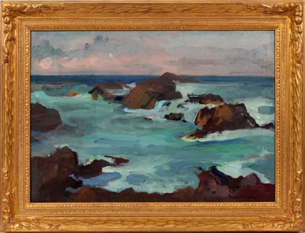 FRANZ ARTHUR BISCHOFF OIL ON CANVAS: FRANZ ARTHUR BISCHOFF (AMERICAN, 1864-1929), OIL ON CANVAS, 24" X 34", CALIFORNIA COAST:Signed. Label on back: Orr's Gallery, Fourth Ave. San Diego, California.