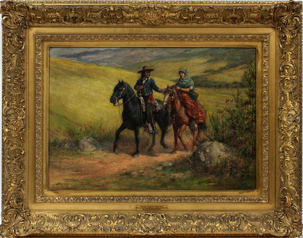 ALEX F. HARMER OIL ON CANVAS: ALEX F. HARMER, OIL ON CANVAS 15" X 22" CALIFORNIA CATTLE KING:Signed. And inscribed "Santa Barbara. CA." Metal label reads: "Old Time California King, Jon and Jona, passing a mustard field". Alexande