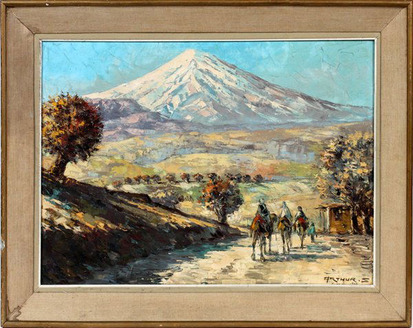 ARTHUR SARKISSIAN OIL ON CANVAS 1965: ARTHUR SARKISSIAN, OIL ON CANVAS, 1965, H 20", W 28", MOUNT ARARAT:Signed lower right "Arthur S." Full first and last names on reverse of canvas. Dated 1965. Landscape with Arabs on camels. Purchased