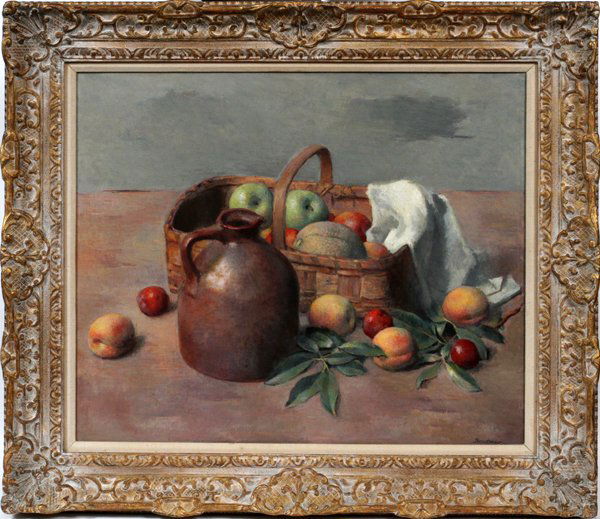 ROBERT BRACKMAN OIL ON CANVAS: ROBERT BRACKMAN [1898-1980], OIL ON CANVAS, H 24" W 29", "STILL-LIFE #84":Robert Brackman [American, 1898-1980]. Signed at the lower right; depicting a still life scene with basket of fruit and jug. M