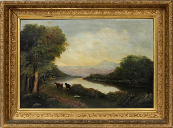 AMERICAN SCHOOL OIL ON ACADEMY BOARD 19TH C.: AMERICAN SCHOOL OIL ON ACADEMY BOARD, 19TH C., H 16", W 25", HUDSON RIVER SCENE:Unsigned; gilt period frame A.T. Osborn & Co., Cleveland, OH academy board materials label on verso..