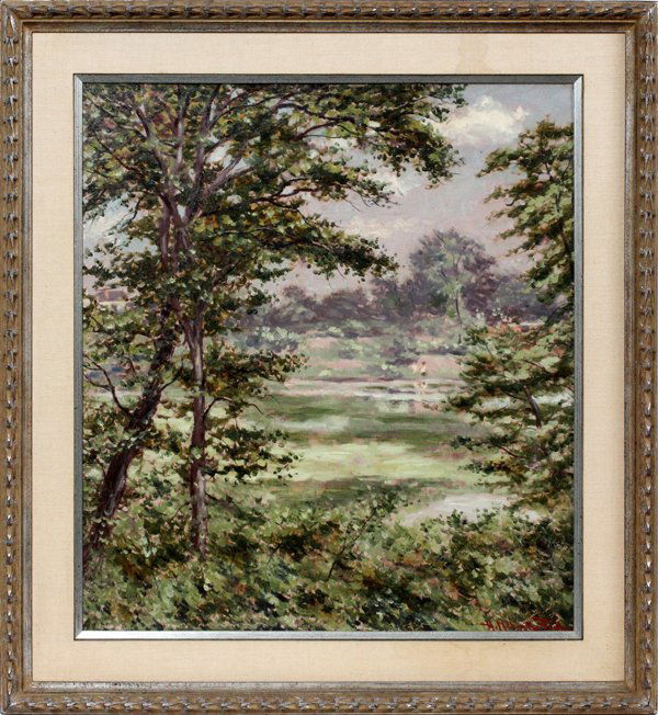 HUGO MELVILLE FISHER OIL ON CANVAS: HUGO MELVILLE FISHER (AMERICAN, 1878-1946), OIL ON CANVAS, H 29", W 26", LANDSCAPE WITH TREES & WATER:Signed lower right; period frame. J.J. Gillespie Fine Art Galleries, Pittsburg, PA label.