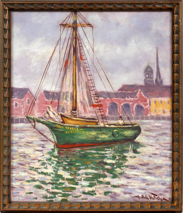 HUGO MELVILLE FISHER OIL ON CANVAS: HUGO MELVILLE FISHER (AMERICAN, 1878-1946), OIL ON CANVAS, H 26", W 22", THE SAILBOAT "PAUL REVERE":Signed lower right; period frame. Victor Claesseus, Belgium materials stamp on verso of canvas.