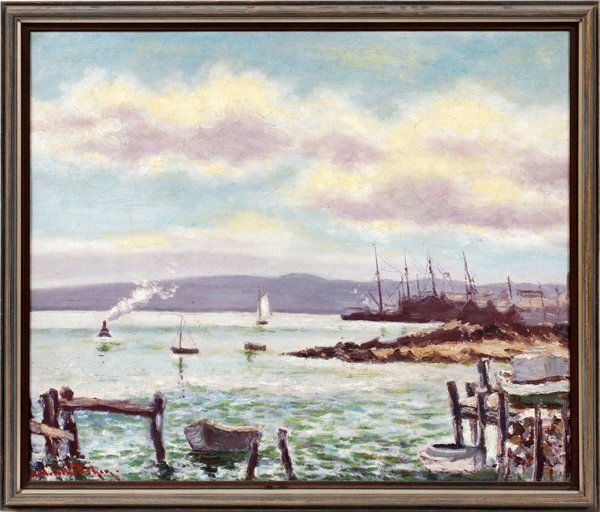 HUGO MELVILLE FISHER OIL ON CANVAS: HUGO MELVILLE FISHER (AMERICAN, 1878-1946), OIL ON CANVAS, H 25", W 30", HARBOR SCENE:Signed lower left; period frame.