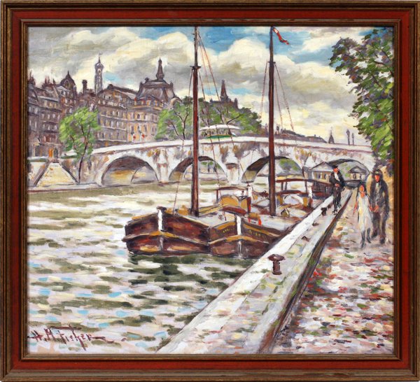 HUGO MELVILLE FISHER OIL ON CANVAS: HUGO MELVILLE FISHER (AMERICAN, 1878-1946), OIL ON CANVAS, H 22", W 26", CITY RIVER SCENE WITH BRIDGE:Signed lower left; period frame.