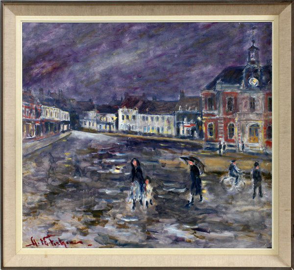 HUGO MELVILLE FISHER OIL ON CANVAS: HUGO MELVILLE FISHER (AMERICAN, 1878-1946), OIL ON CANVAS, H 33", W 36" CITYSCAPE WITH FIGURES:Signed lower left; framed.