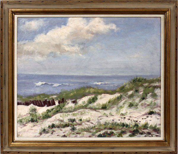 HUGO MELVILLE FISHER OIL ON CANVAS: HUGO MELVILLE FISHER (AMERICAN, 1878-1946), OIL ON CANVAS, H 25", W 30", COASTLINE WITH SAND DUNES:Signed lower right; period frame.