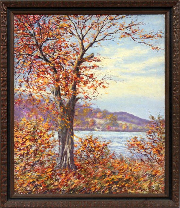 HUGO MELVILLE FISHER OIL ON CANVAS: HUGO MELVILLE FISHER (AMERICAN, 1878-1946), OIL ON CANVAS, H 36" W 30", FALL LANDSCAPE WITH WATER:Signed lower right; framed. N.S. Ruby Manufacturers, Koppel, PA label on verso.