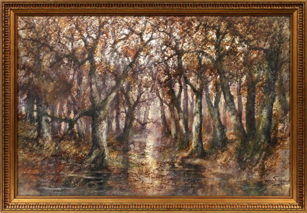 HUGO MELVILLE FISHER WATERCOLOR ON PAPER: HUGO MELVILLE FISHER (AMERICAN, 1878-1946), WATERCOLOR ON PAPER, H 26", W 39", FOREST:Signed lower right; gilt period frame