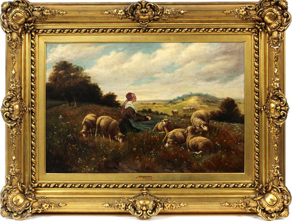 O. FERMONT CONTINENTAL SCHOOL OIL ON CANVAS C. 1900: O. FERMONT, CONTINENTAL SCHOOL OIL ON CANVAS, C.1890- 1900, H 19", W 30", THE SHEPHERDESS:Signed at the lower left, "O. Fermont", a pastoral landscape scene with shepherdess and her flock. Measuring H