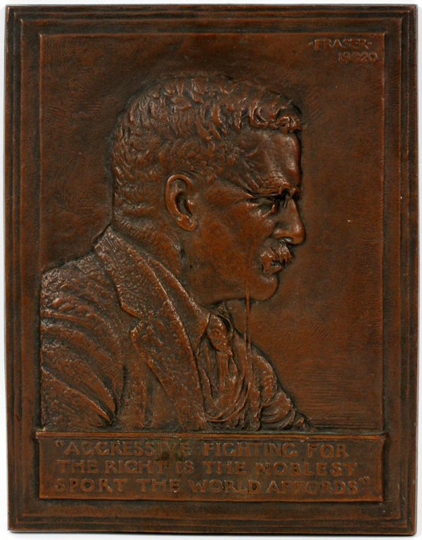 JAMES EARLE FRASERBAS-RELIEF BRONZE PLAQUE: JAMES EARLE FRASER (AMERICAN, 1876-1953), BAS-RELIEF BRONZE PLAQUE, COPYRIGHT 1920, H 10", W 13", "THEODORE ROOSEVELT IN PROFILE":Signed copyright dated 1020.