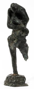 HANNA STIEBEL BRONZE SCULPTURE WOMAN W/ BABY: HANNA STIEBEL, BRONZE SCULPTURE, WOMAN W/ BABY, H 10":Signed Stiebel. (American, 1923-2005), Green black patina.