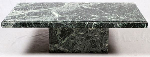 BLACK MARBLE PEDESTAL COFFEE TABLE: BLACK MARBLE PEDESTAL COFFEE TABLE, H 16", L 51", D 28":Nicely marbled in white and shades of green.