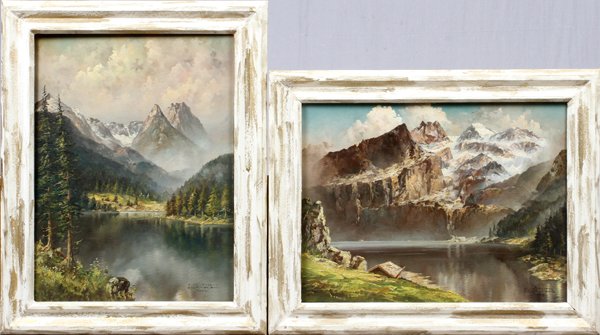 E. HUTHER GERMAN OILS ON CANVAS, 1946, TWO: E. HUTHER, GERMAN OILS ON CANVAS, 1946, 2, H 32", W 24", ALPINE LANDSCAPES SHOWING THE BAY AT FURTH:Each signed and dated lower right and marked "Furthibay"; antiqued frames.