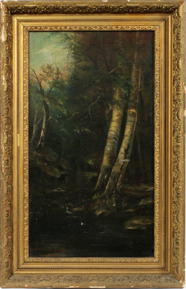 AMERICAN OIL ON CANVAS C. 1890: AMERICAN OIL ON CANVAS, C. 1890, 36" X 20", BIRCH TREES:Circa 1890. No apparent signature. Framed.
