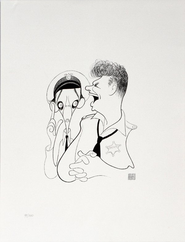 AL HIRSCHFELD LITHOGRAPH: AL HIRSCHFELD LITHOGRAPH, H 18", L 14" "THE ANDY GRIFFITH SHOW":Albert "Al" Hirschfeld [American 1903 - 2003]. A caricature of Sheriff Andy and Deputy Barney Fife from the "The Andy Griffith Show". Si