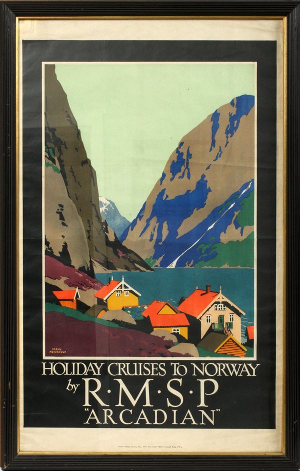 AFTER FRANK NEWBOULD COLOR LITHO POSTER C. 1923: AFTER FRANK NEWBOULD (1887-1950), TRAVEL COLOR LITHO POSTER, C. 1923, H 40", W 25", "HOLIDAY CRUISE TO NORWAY, R.M.S.P. ARCADIAN":Framed. Sanders, Phillips and Co., Ltd.; The Baynard Press.