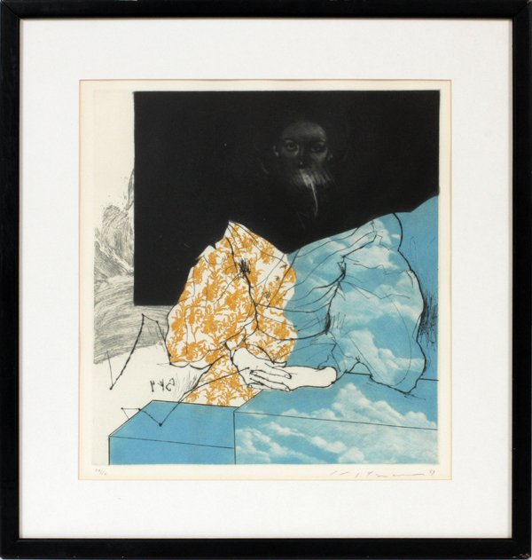 MASUO IKEDA MIXED MEDIA INTAGLIO PRINT 1969: MASUO IKEDA (JAPANESE 1934-1997), MIXED MEDIA INTAGLIO PRINT, 1969, H 14", W 13", "FASHION":Pencil signed and dated '69; #28/50; framed.